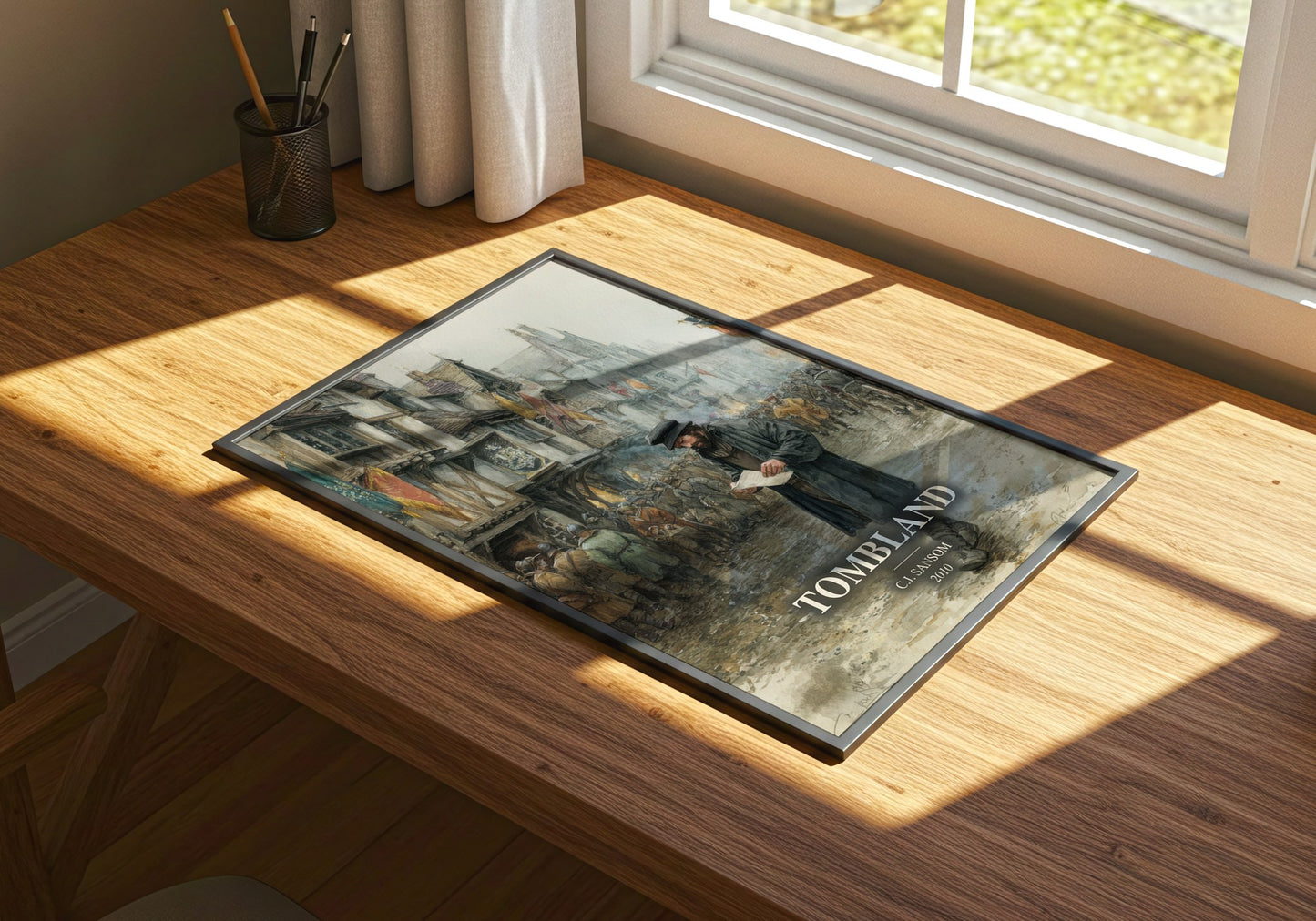 Tombland watercolour book poster framed on wall – historical fiction wall art
