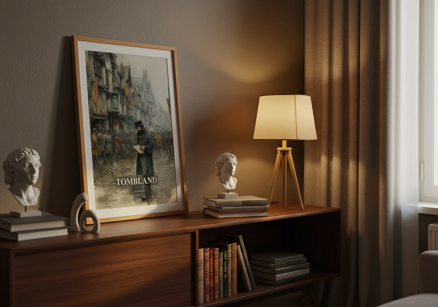 Tombland watercolour print on bookshelf – C.J. Sansom fan gift