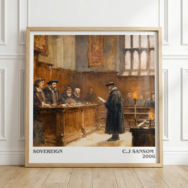 Sovereign literary print in frame leaning in hallway – historical fiction wall art