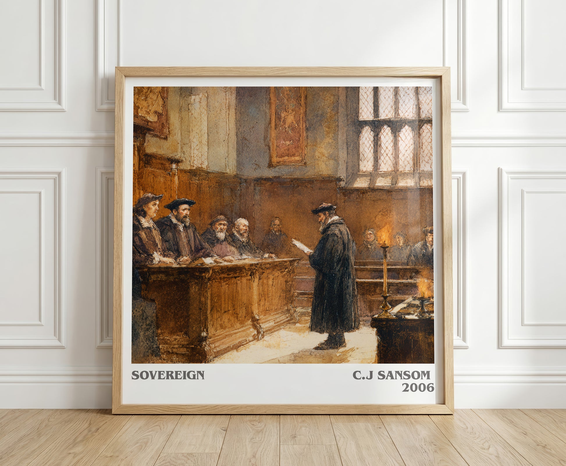 Sovereign literary print in frame leaning in hallway – historical fiction wall art