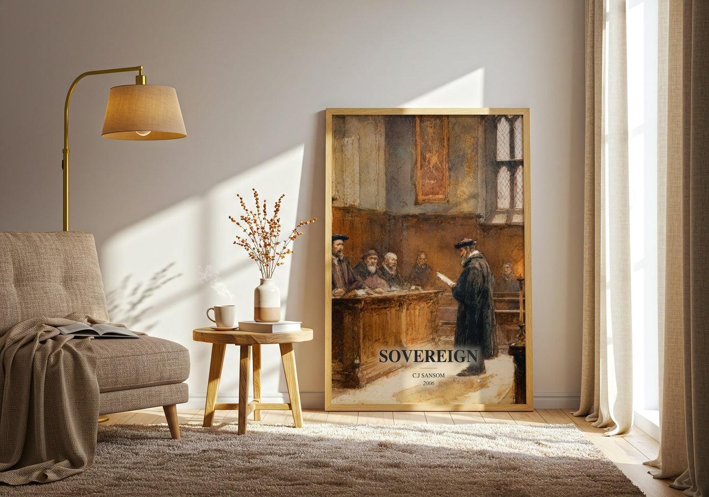 Sovereign watercolour print in frame leaning in hallway – historical fiction wall art