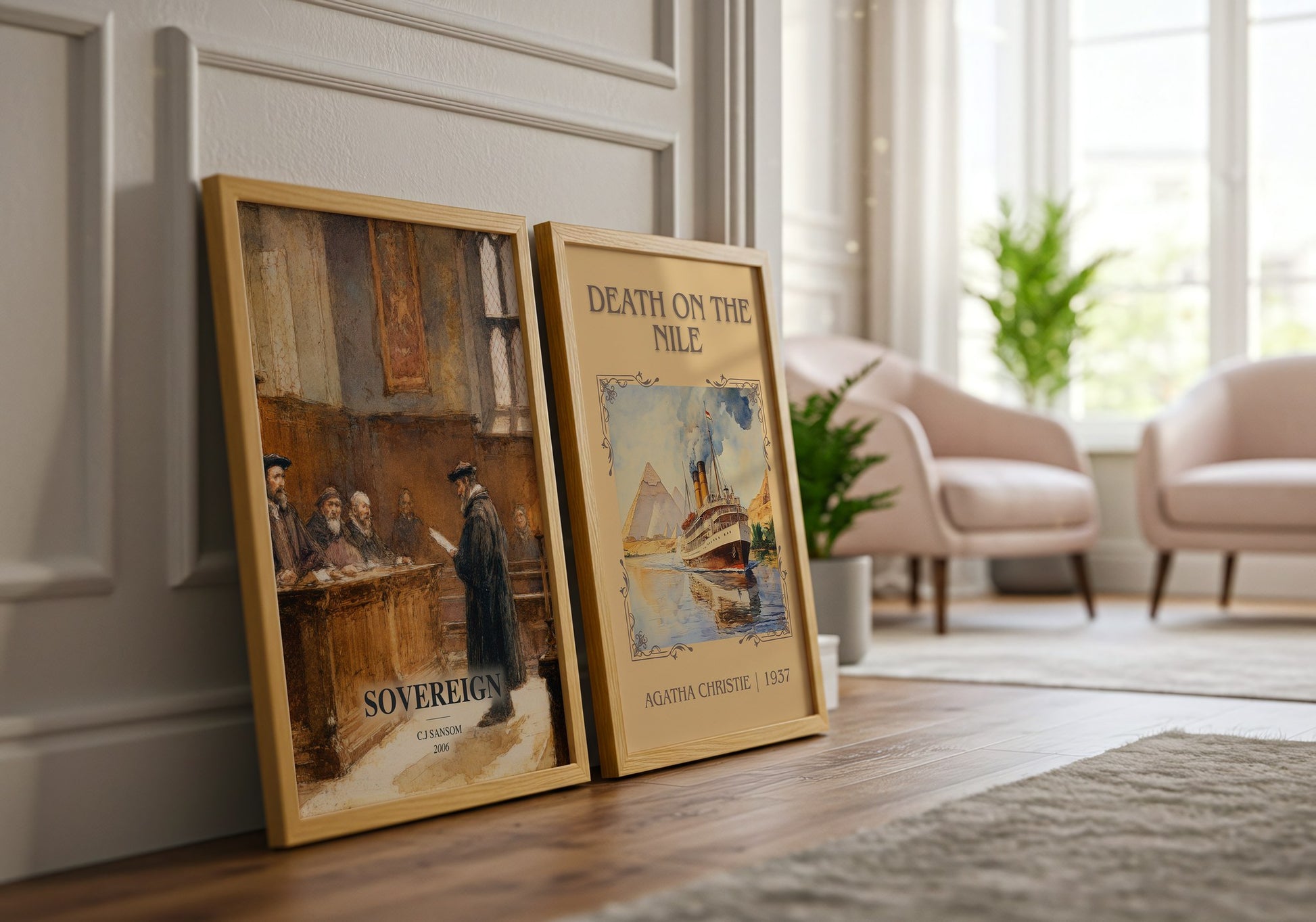Sovereign watercolour print framed by window – literary home decor