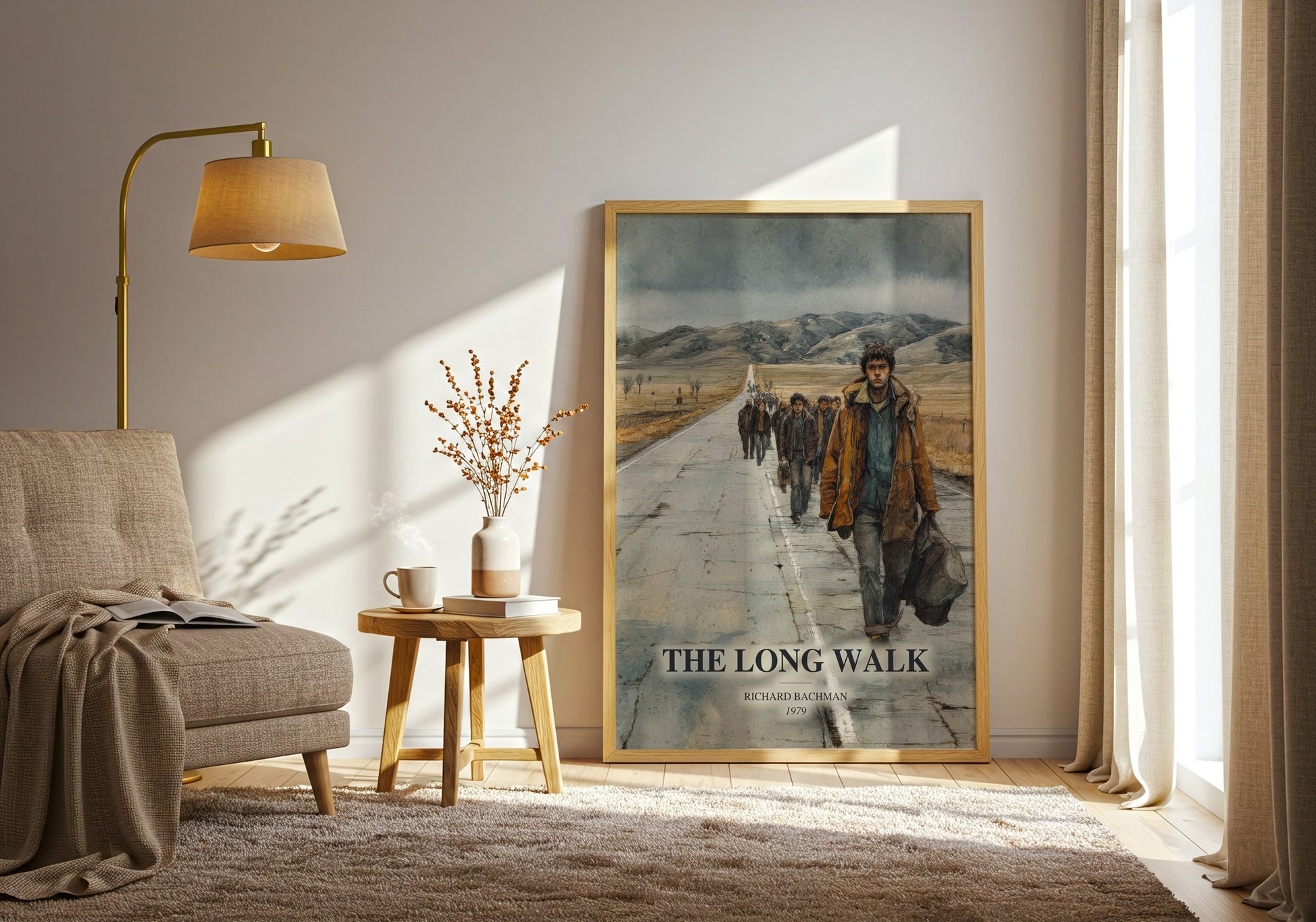 The Long Walk watercolour print in frame leaning in hallway – horror wall art