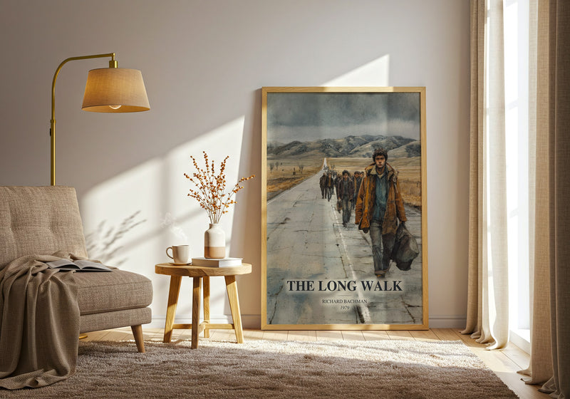 The Long Walk watercolour print in frame leaning in hallway – horror wall art