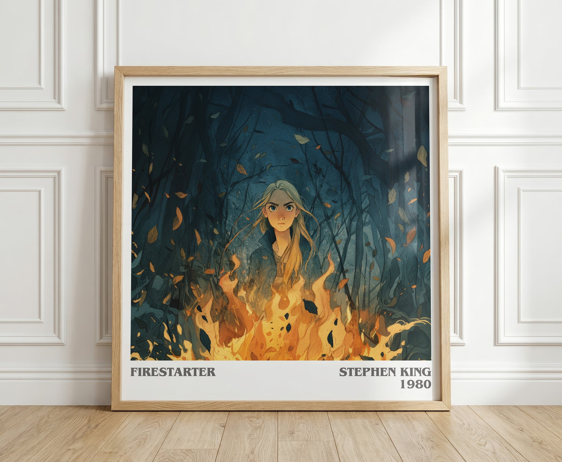 Firestarter literary print in frame leaning in hallway – horror wall art
