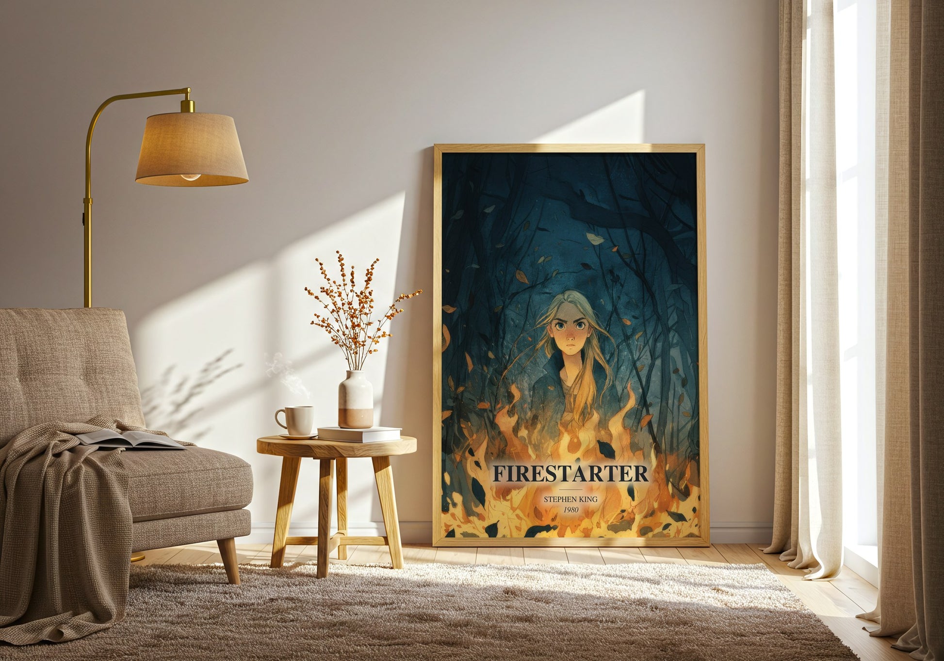 Firestarter watercolour print in frame leaning in hallway – horror wall art