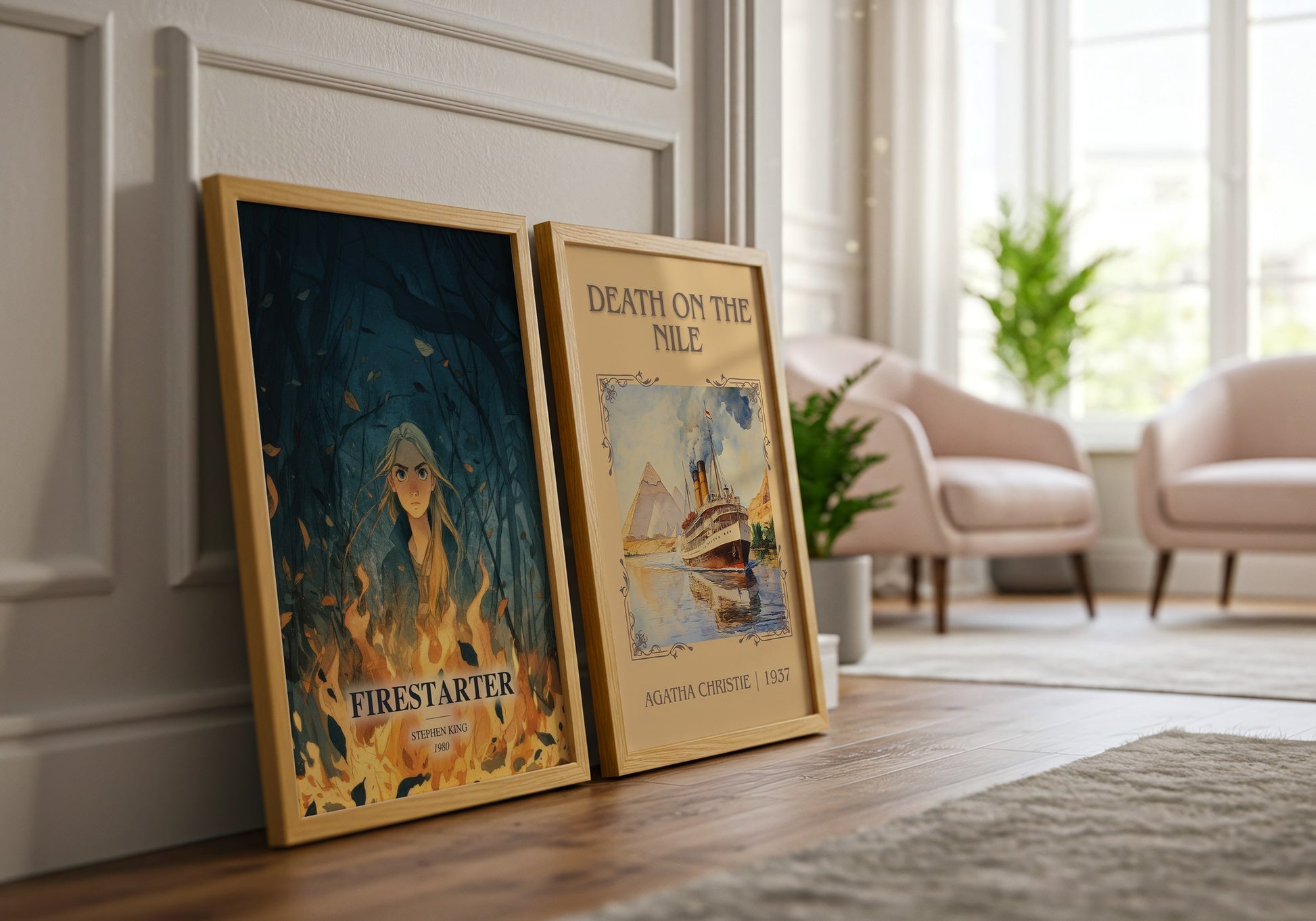 Firestarter watercolour print framed by window – literary home decor