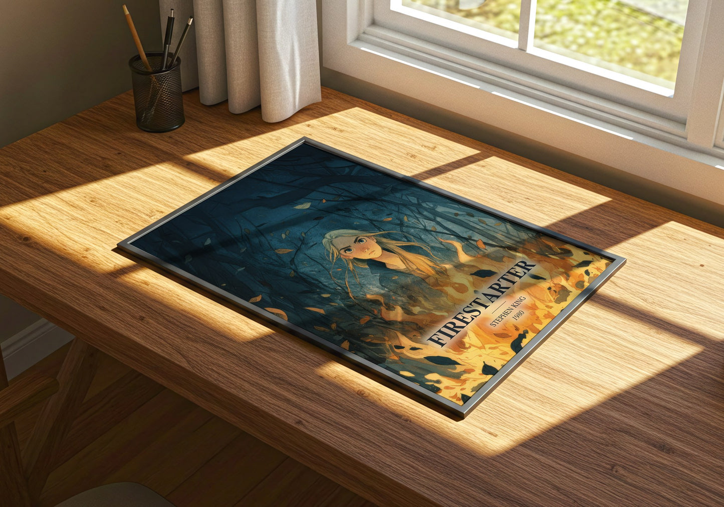 Firestarter watercolour book poster framed on wall – horror wall art