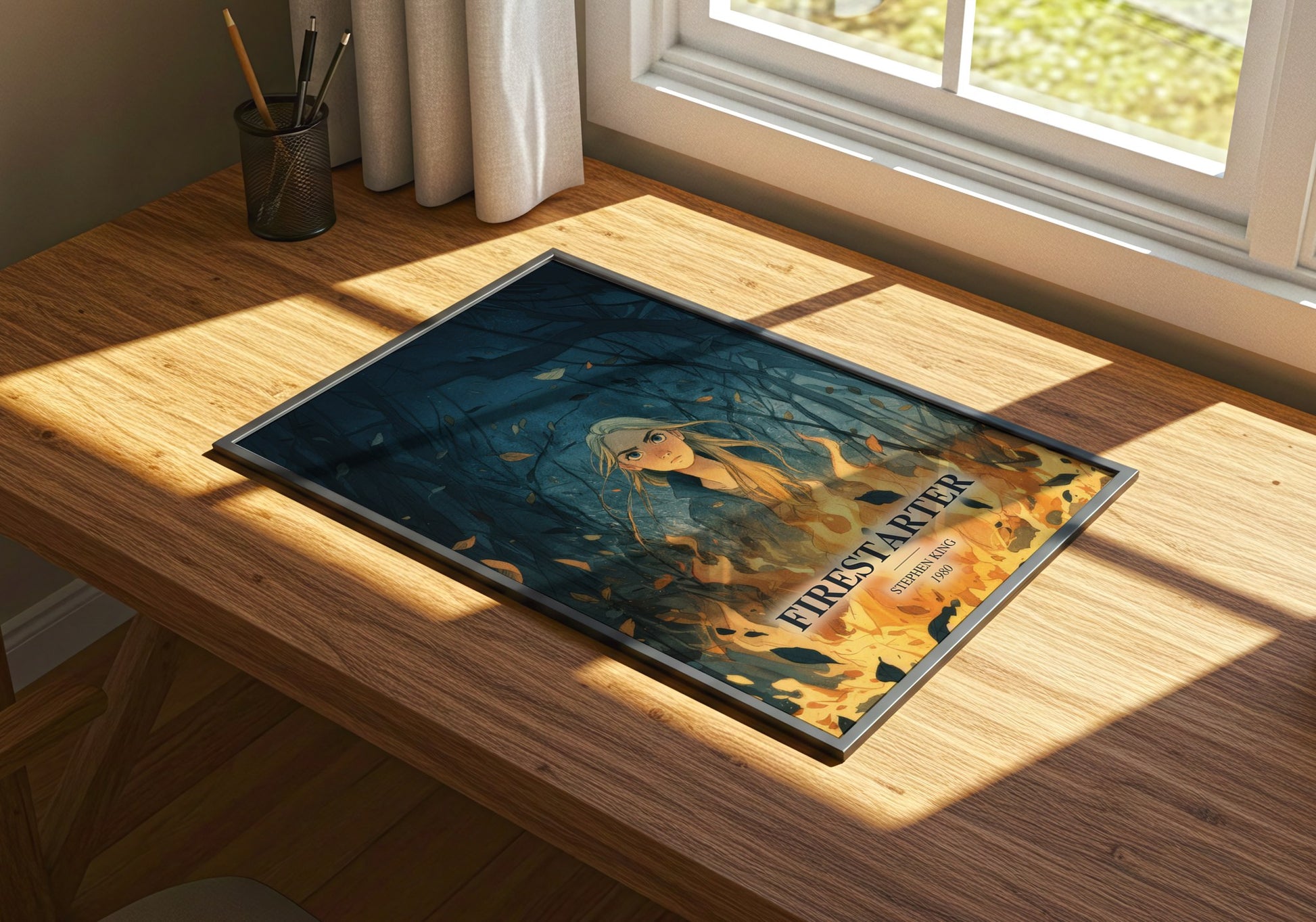 Firestarter watercolour book poster framed on wall – horror wall art