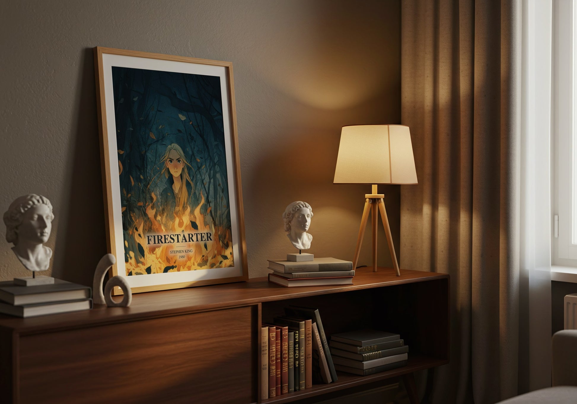 Firestarter watercolour print on bookshelf – Stephen King fan gift