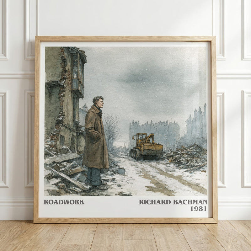 Roadwork literary print in frame leaning in hallway – thriller wall art