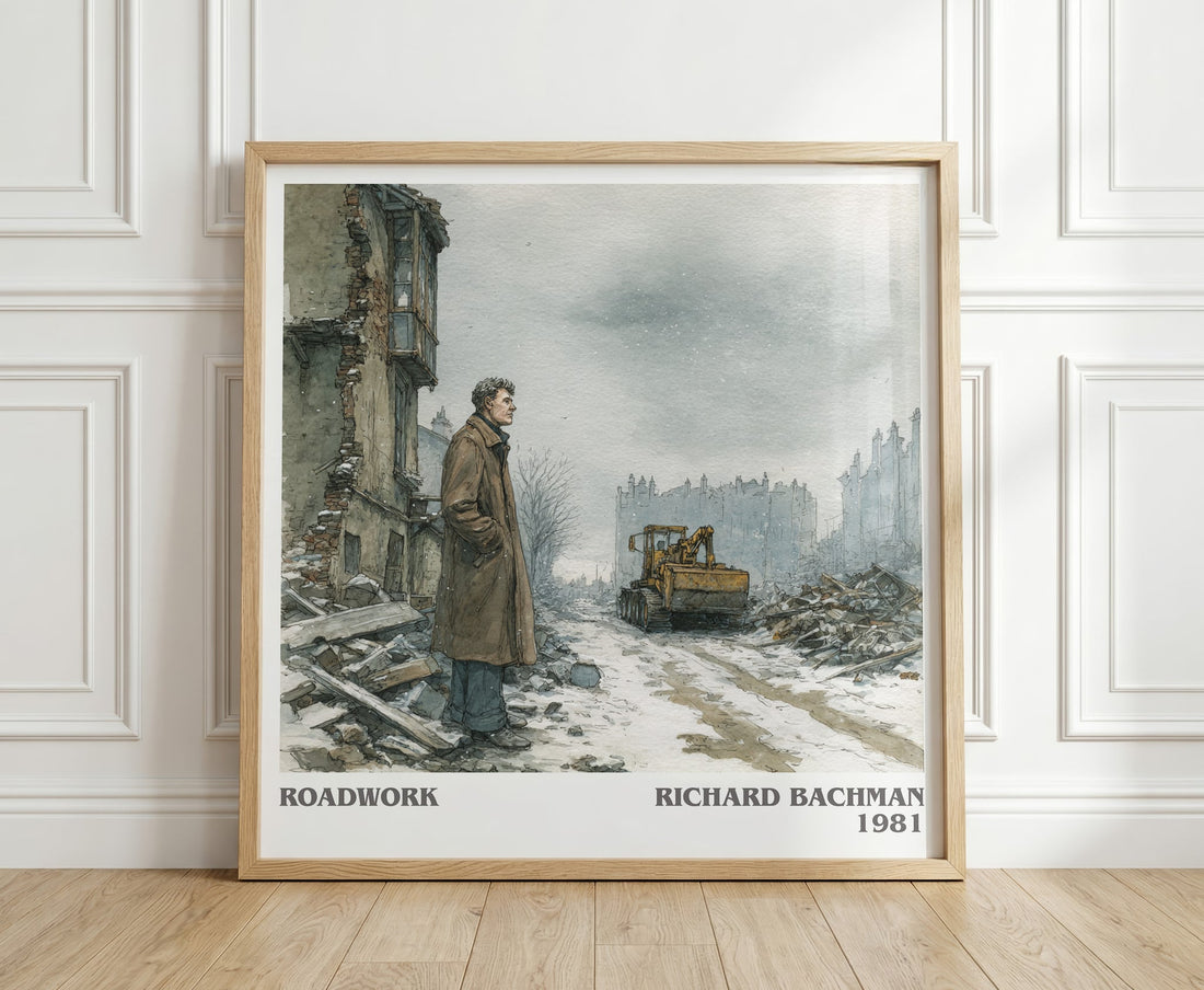 Roadwork literary print in frame leaning in hallway – thriller wall art (mockup)