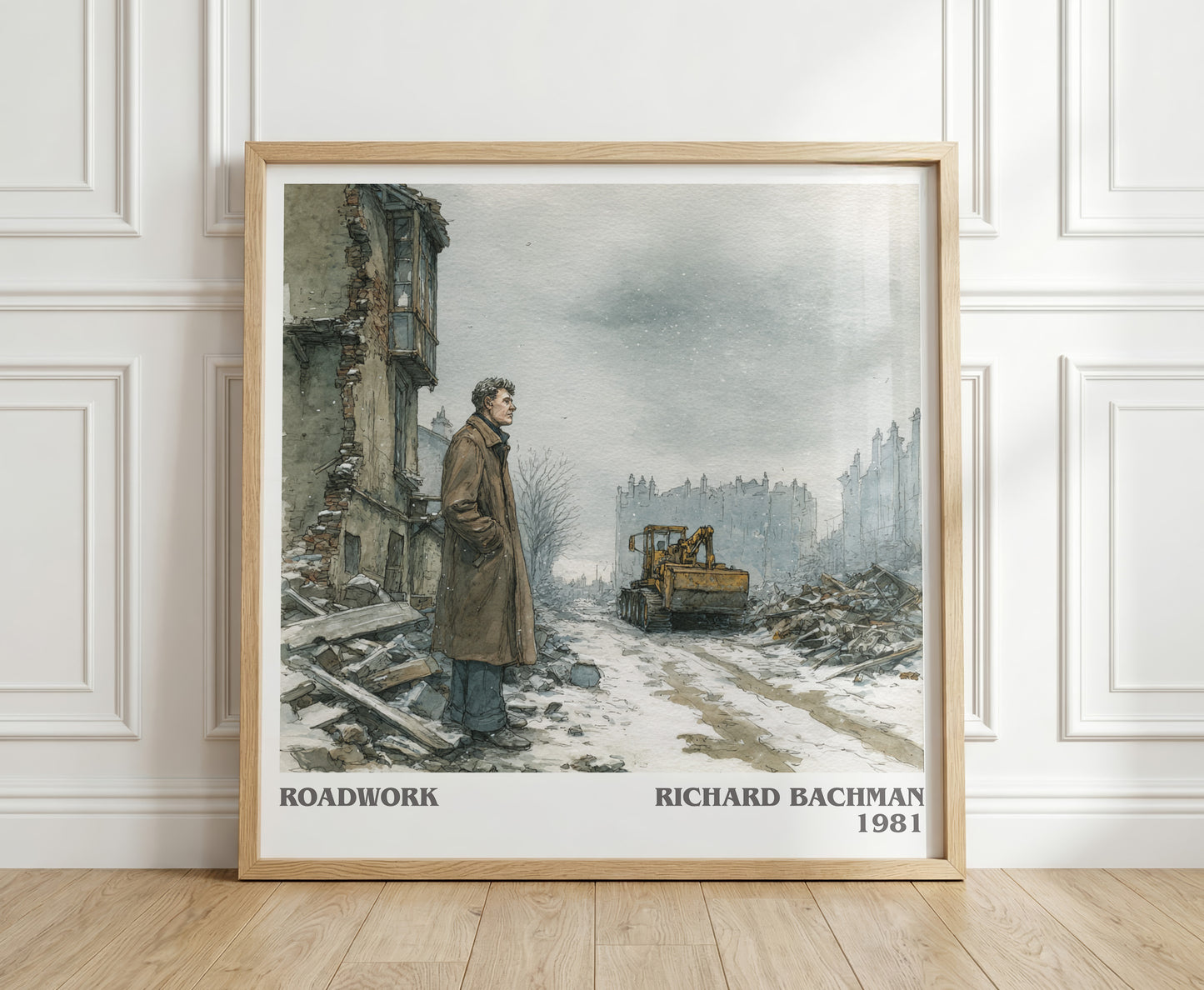 Roadwork literary print in frame leaning in hallway – thriller wall art