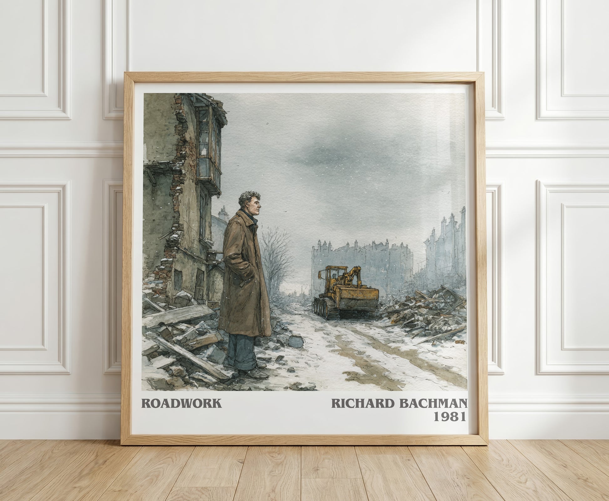 Roadwork literary print in frame leaning in hallway – thriller wall art
