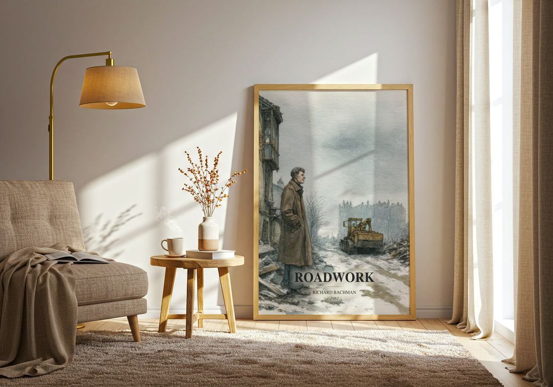 Roadwork watercolour print in frame leaning in hallway – thriller wall art (mockup)
