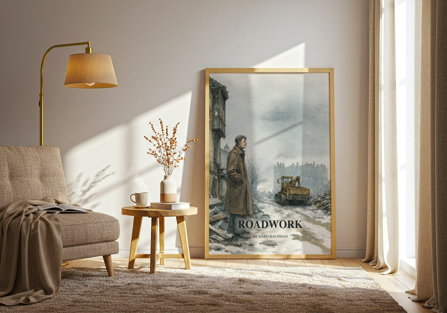 Roadwork watercolour print in frame leaning in hallway – thriller wall art