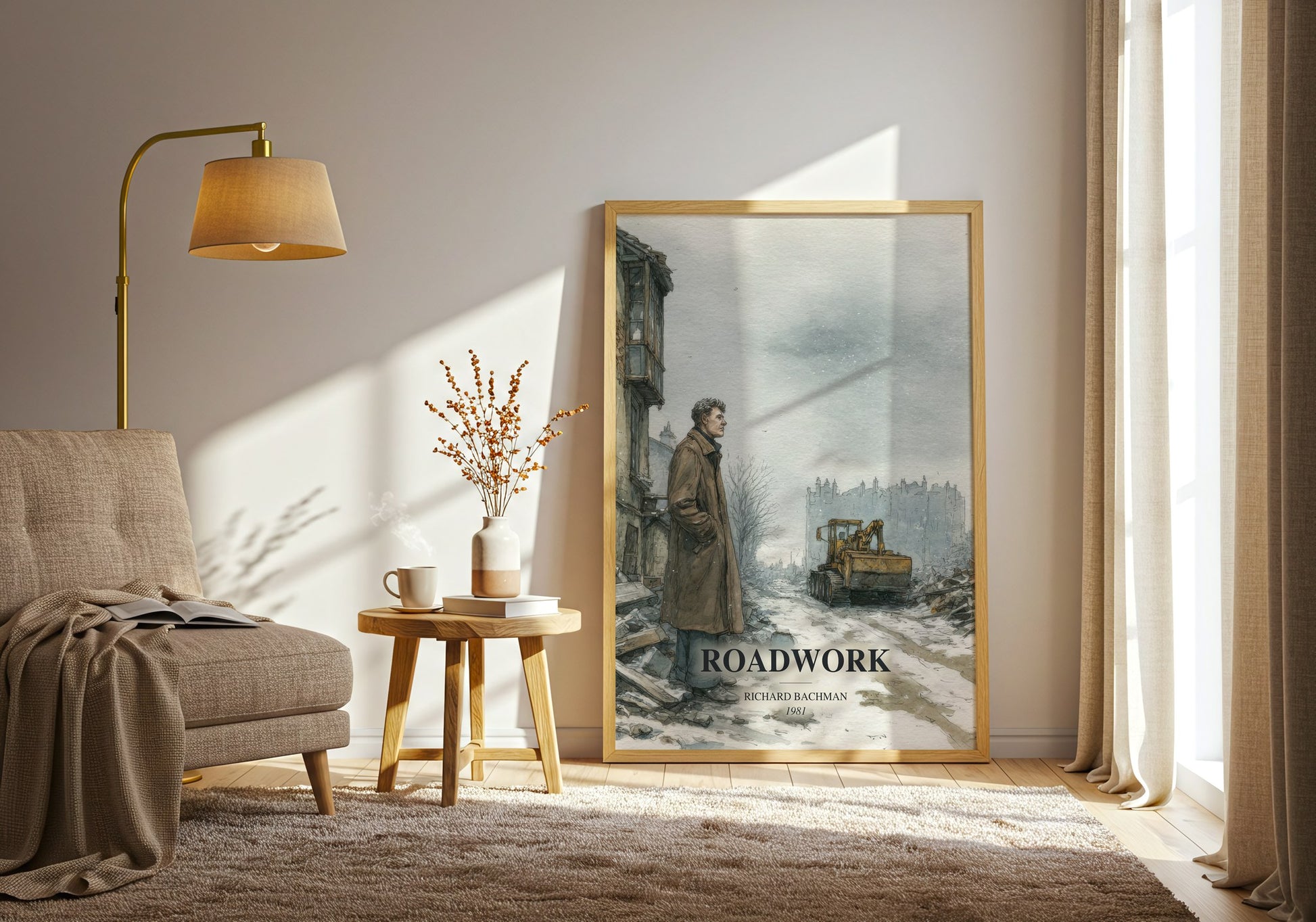 Roadwork watercolour print in frame leaning in hallway – thriller wall art