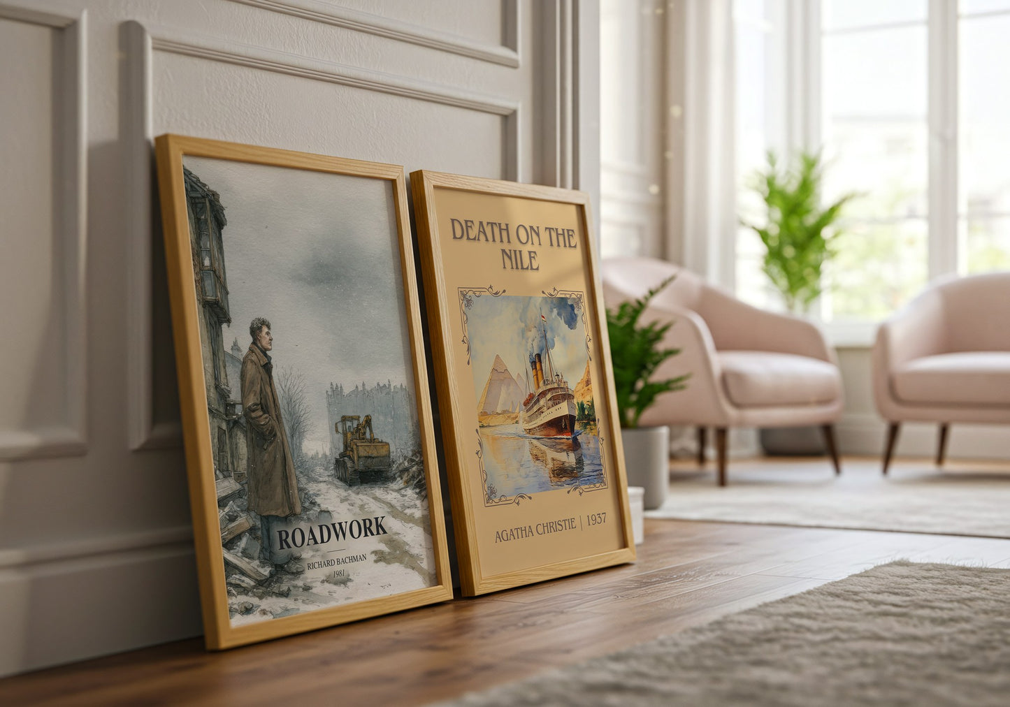 Roadwork watercolour print framed by window – literary home decor