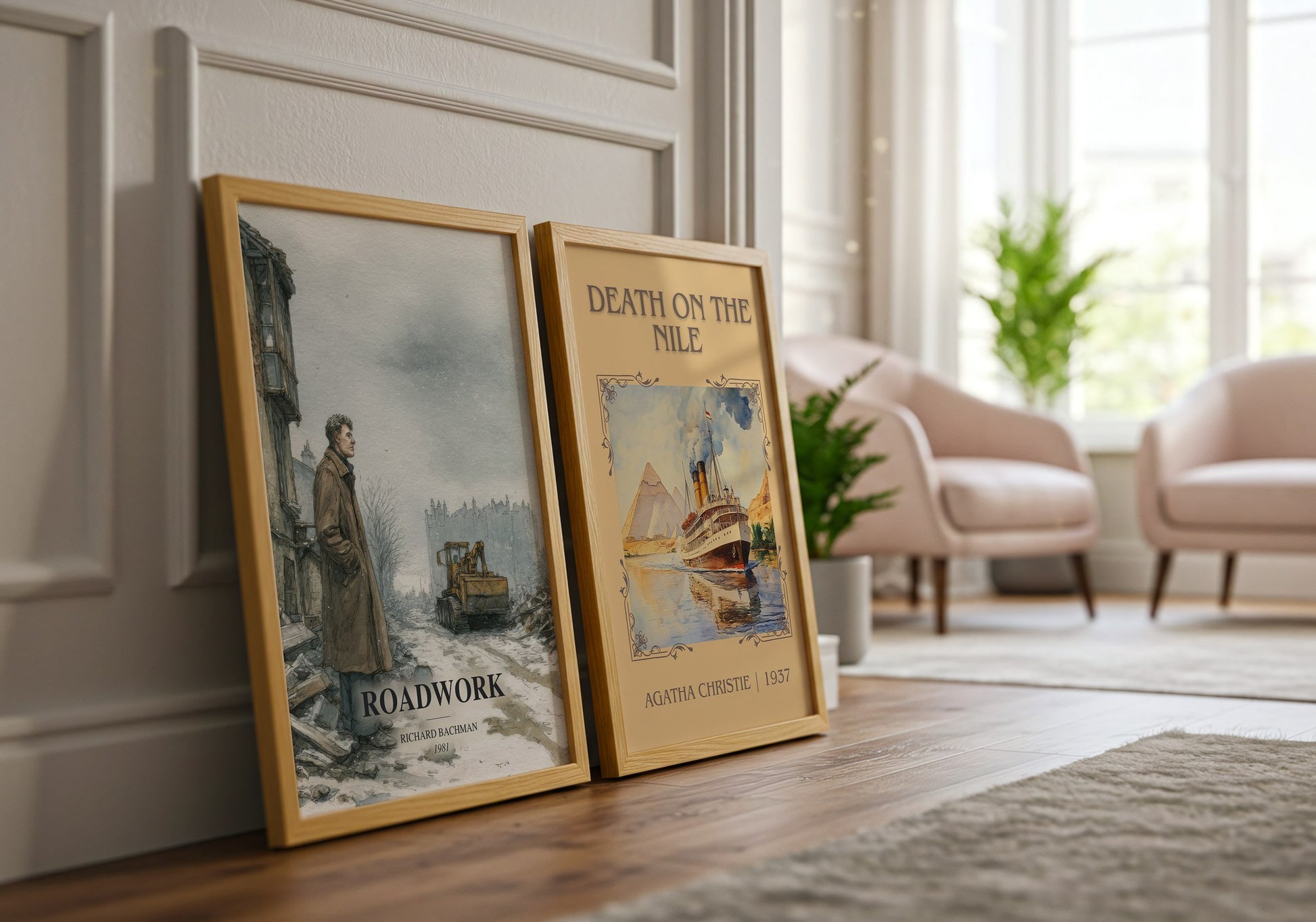 Roadwork watercolour print framed by window – literary home decor