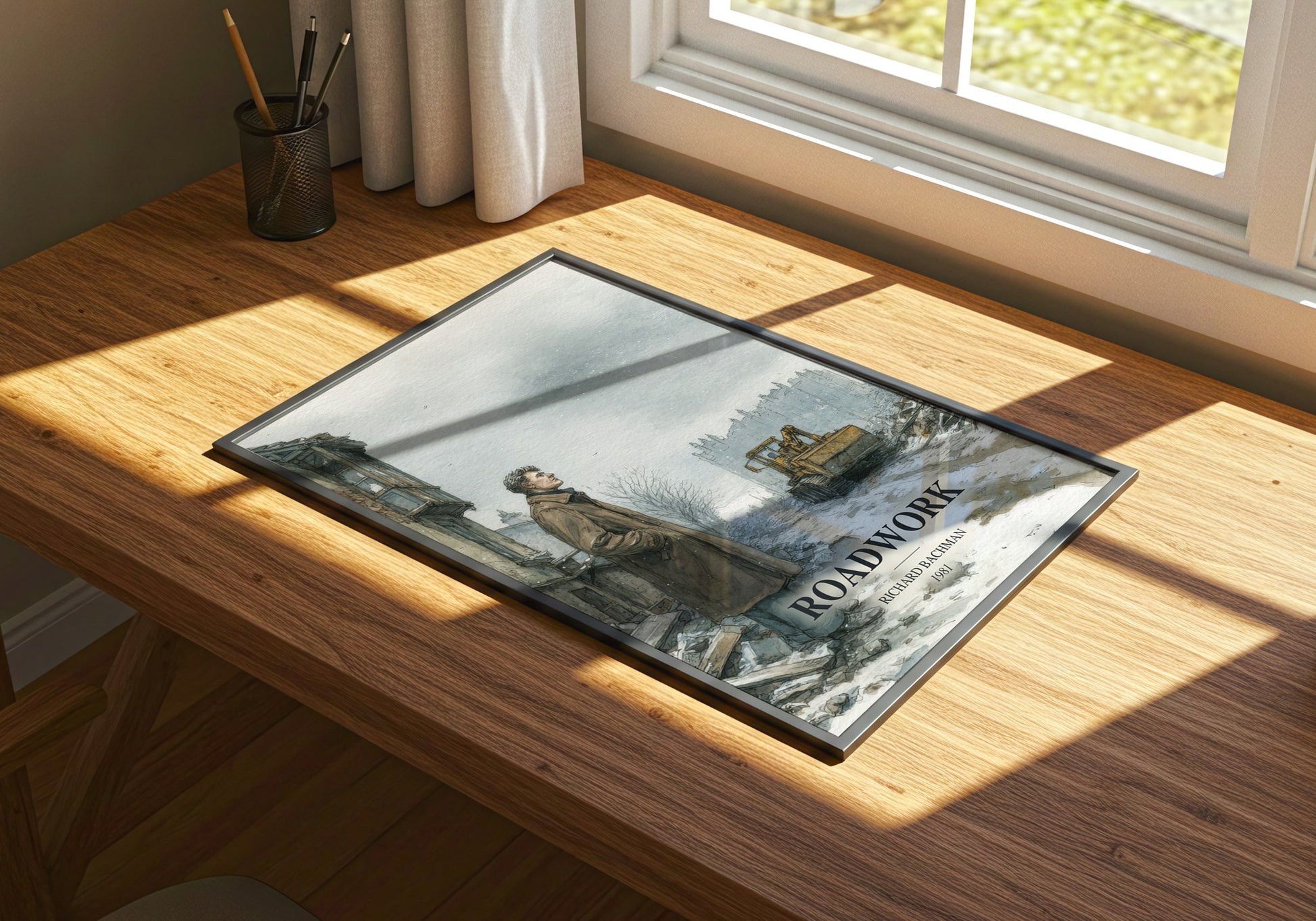 Roadwork watercolour book poster framed on wall – thriller wall art