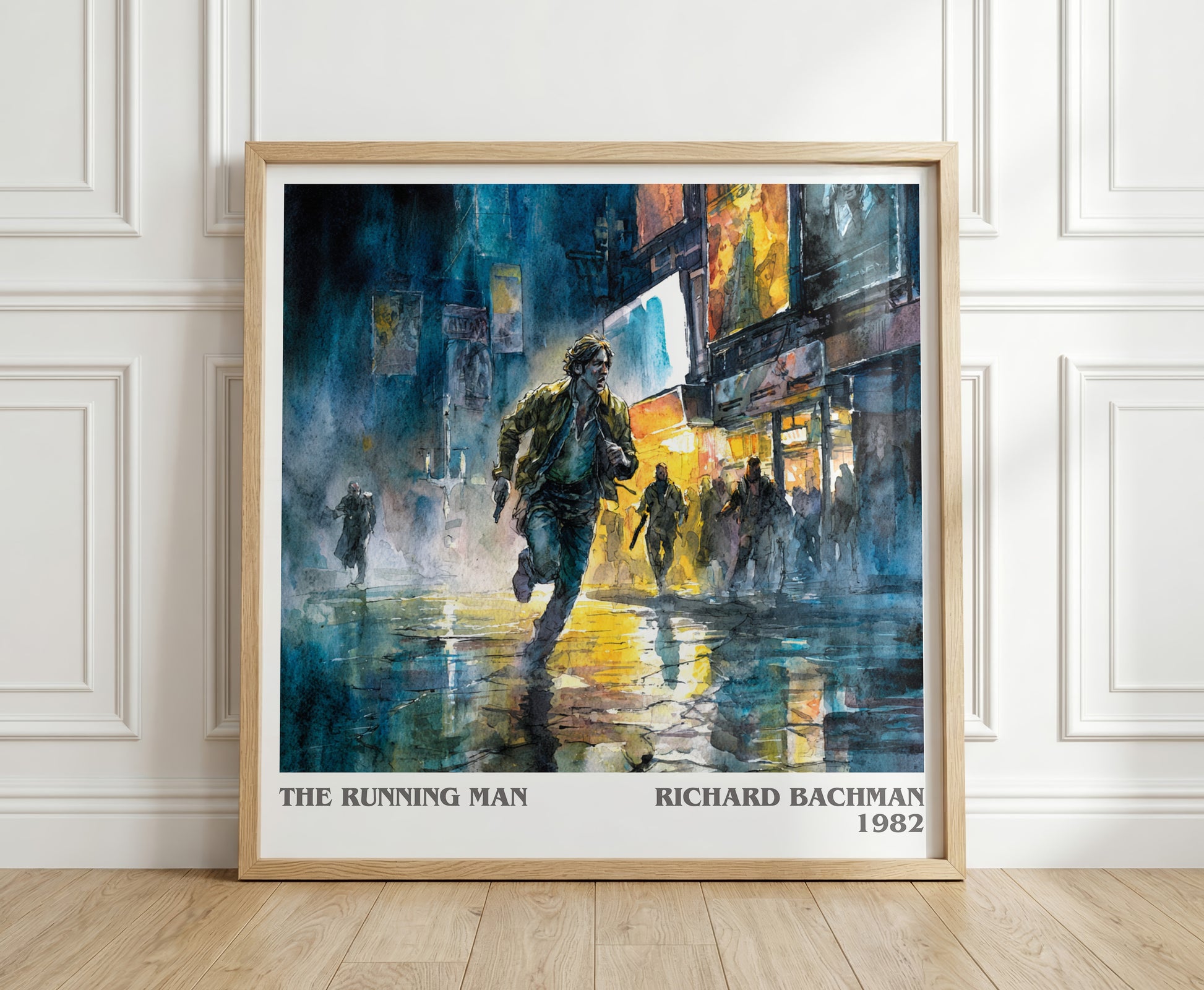 The Running Man literary print in frame leaning in hallway – dystopian wall art