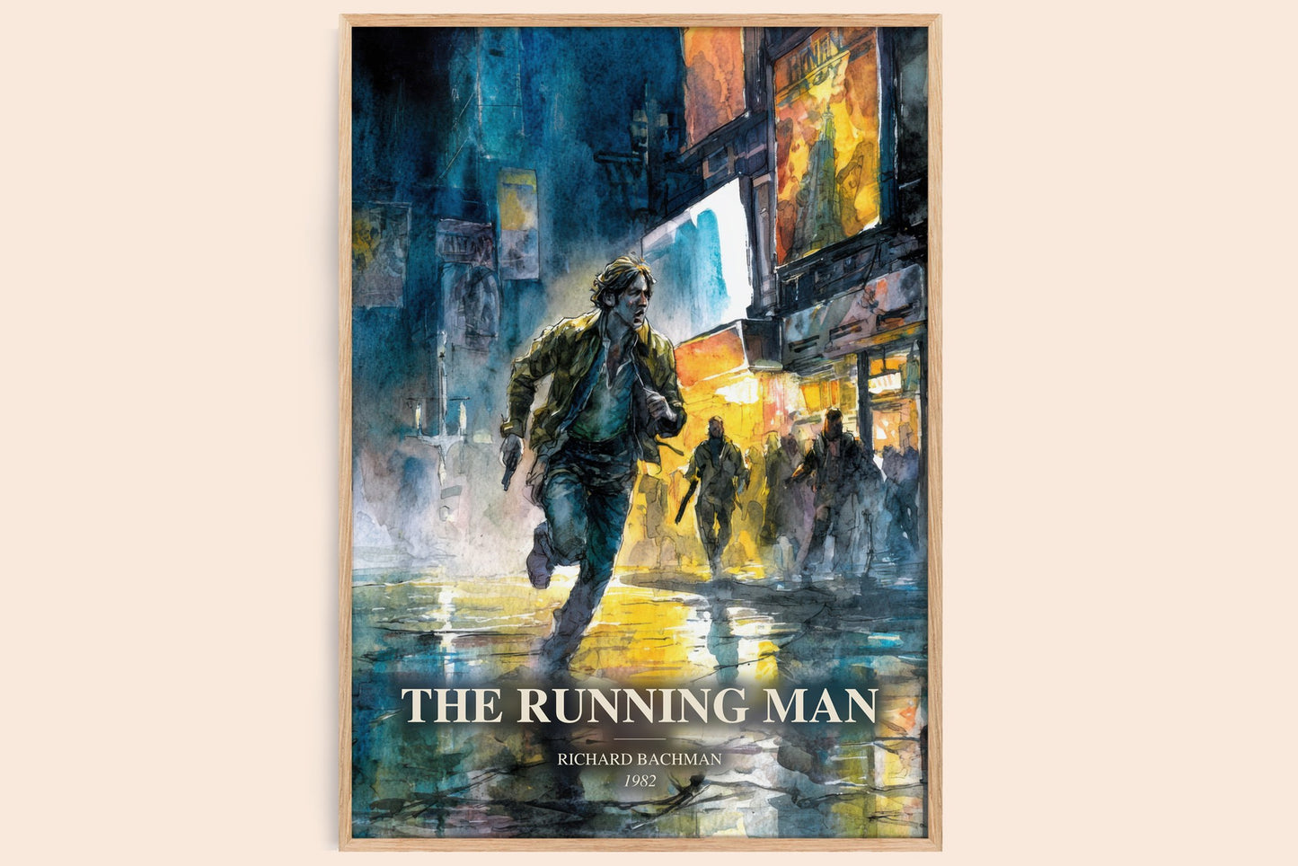 The Running Man watercolour book poster by Richard Bachman – framed literary art print