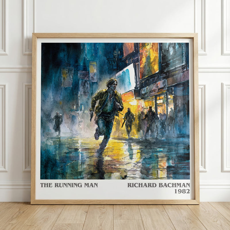 The Running Man literary print in frame leaning in hallway – dystopian wall art