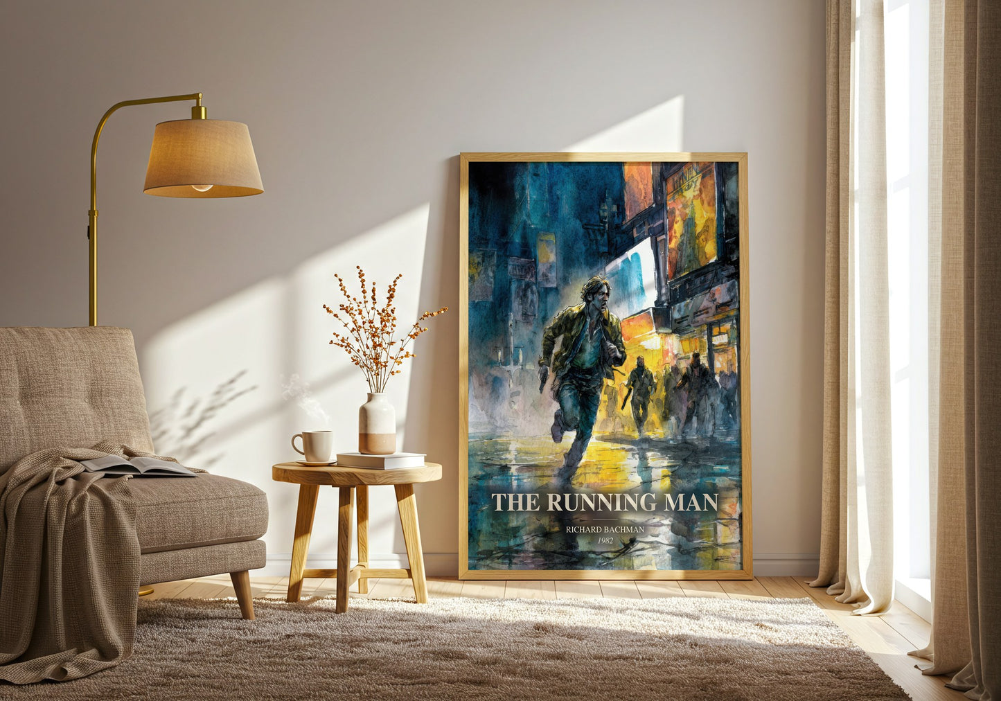 The Running Man watercolour print in frame leaning in hallway – dystopian wall art