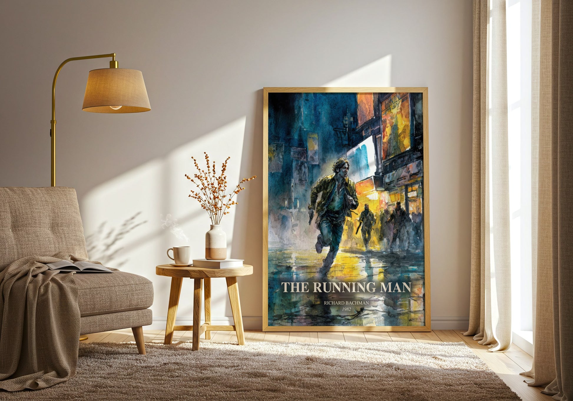 The Running Man watercolour print in frame leaning in hallway – dystopian wall art
