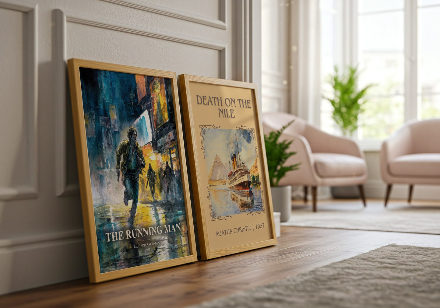 The Running Man watercolour print framed by window – literary home decor
