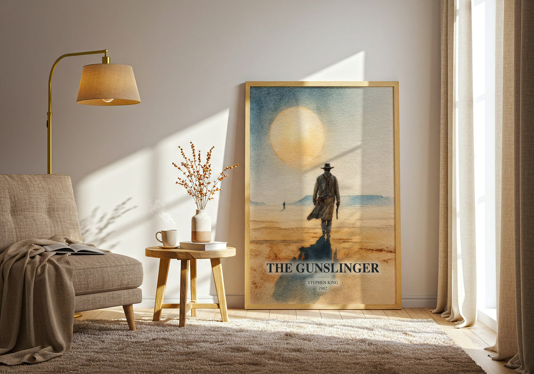 The Gunslinger watercolour print in frame leaning in hallway – fantasy wall art (mockup)