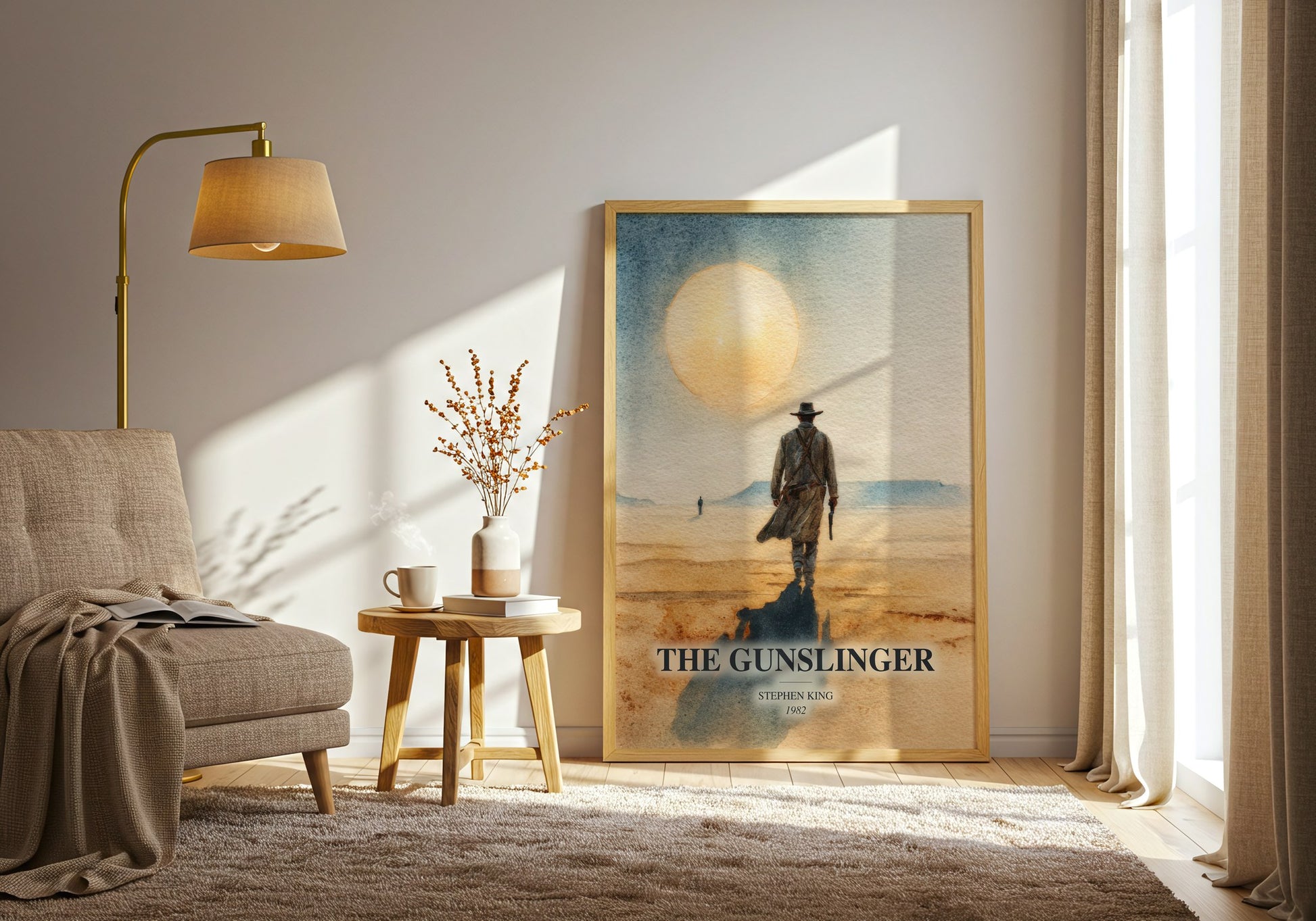 The Gunslinger watercolour print in frame leaning in hallway – fantasy wall art