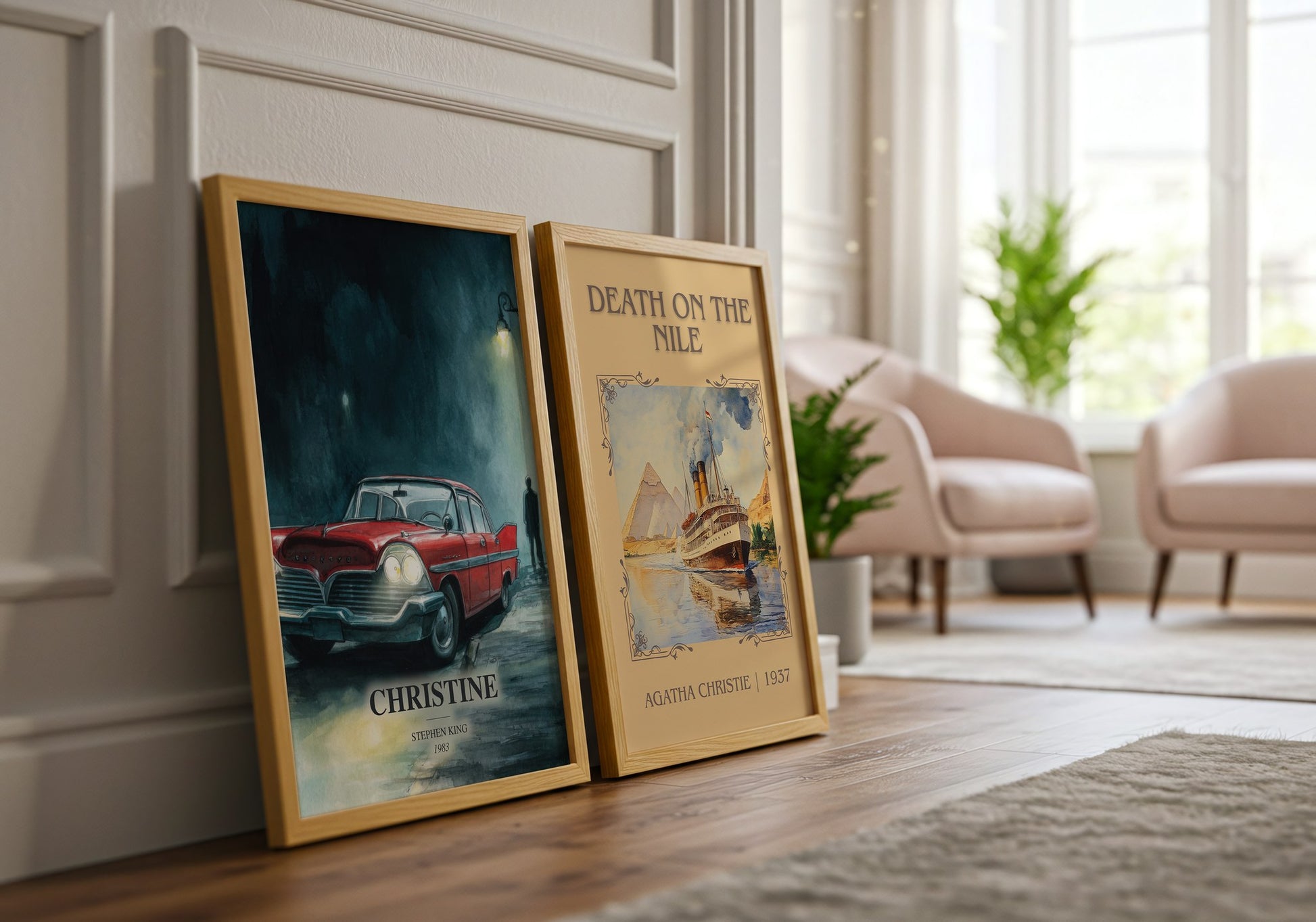 Christine watercolour print framed by window – literary home decor