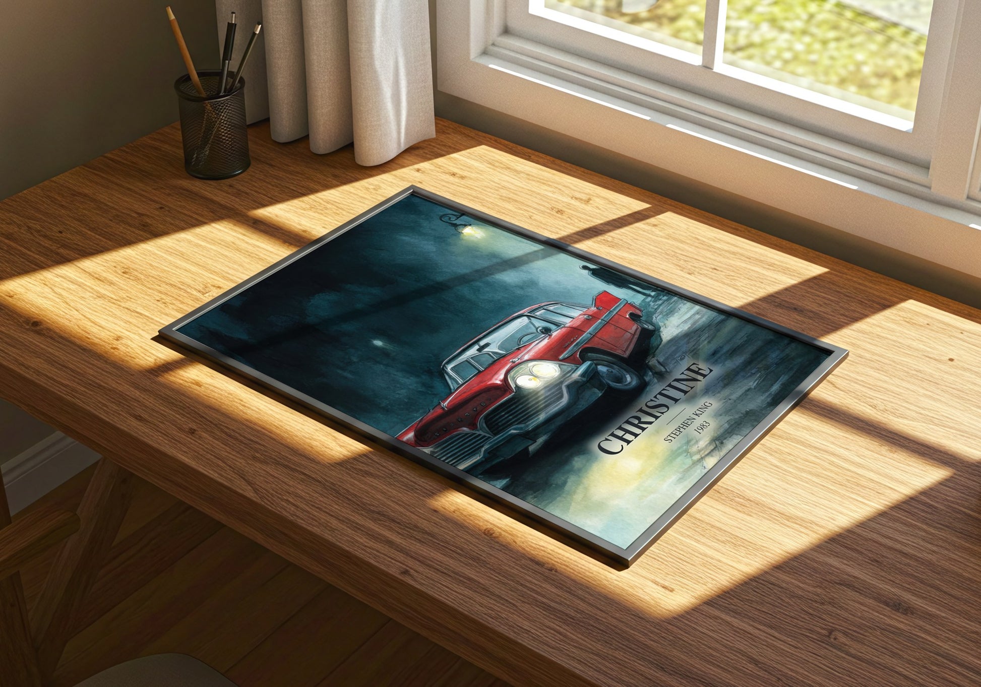 Christine watercolour book poster framed on wall – horror wall art