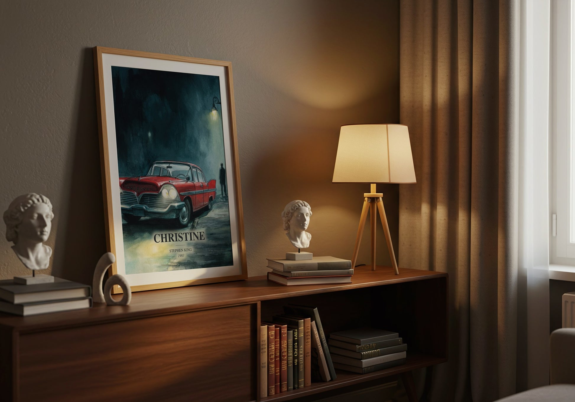 Christine watercolour print on bookshelf – Stephen King fan gift