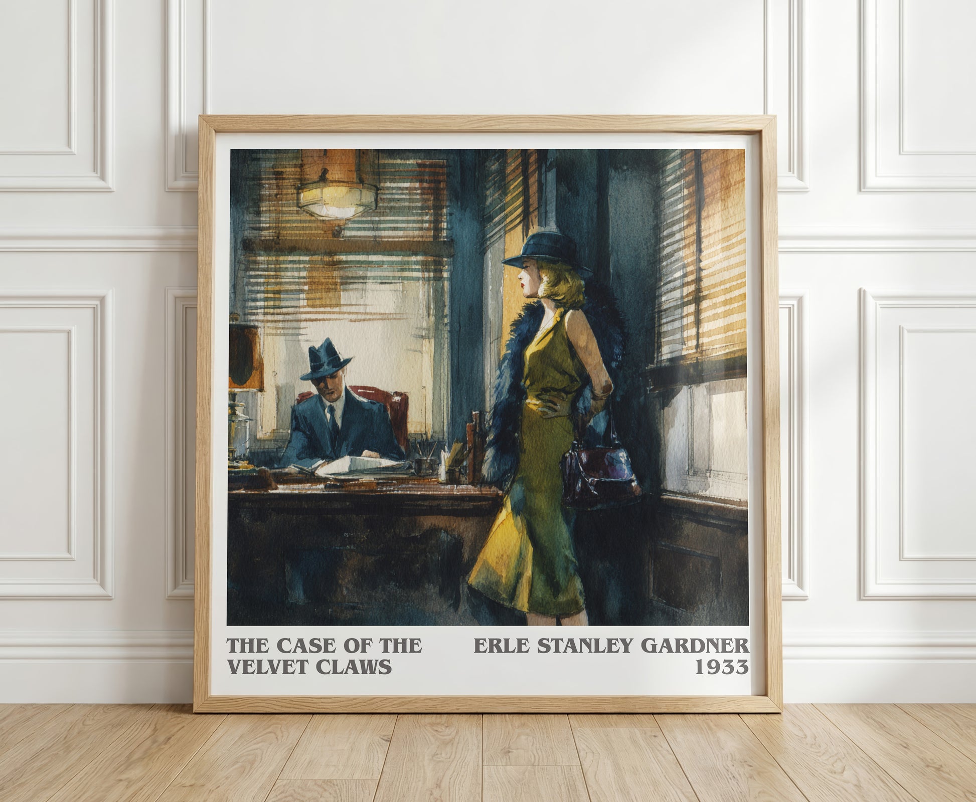 The Case of the Velvet Claws literary print in frame leaning in hallway – mystery wall art