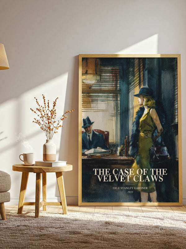 The Case Of The Velvet Claws watercolour print in frame leaning in hallway – mystery wall art