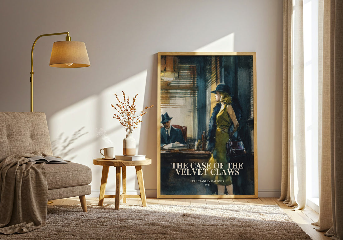 The Case Of The Velvet Claws watercolour print in frame leaning in hallway – mystery wall art (mockup)
