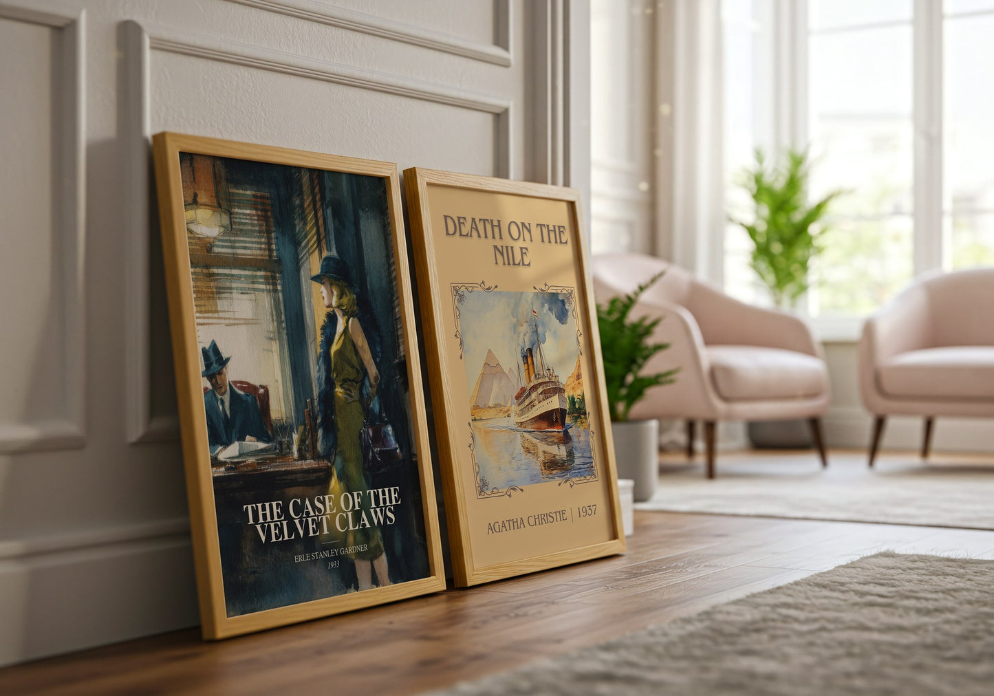 The Case Of The Velvet Claws watercolour print framed by window – literary home decor