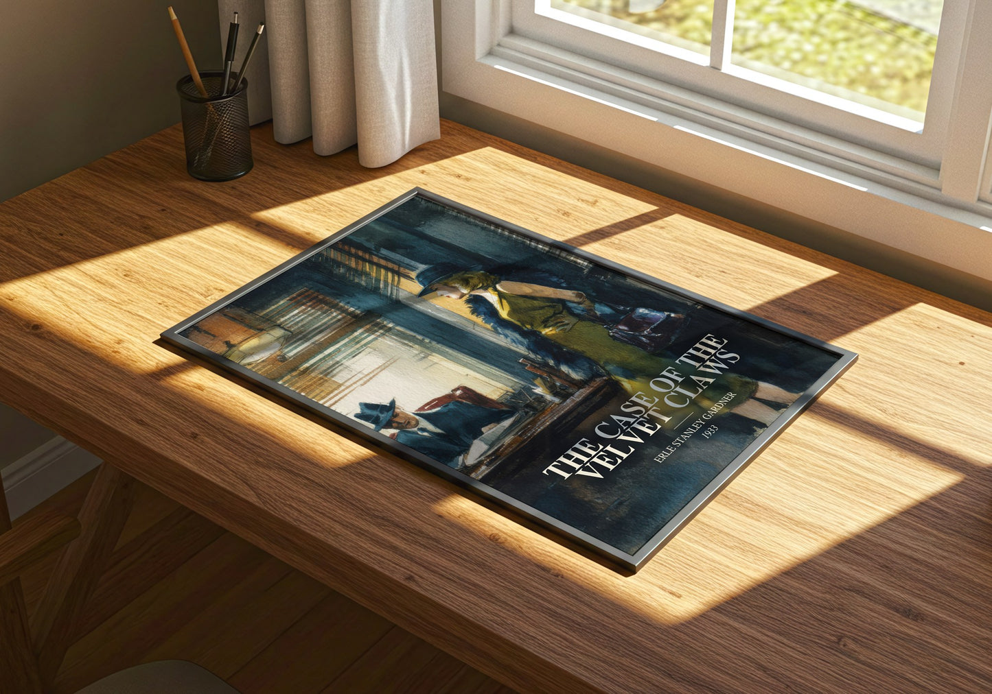 The Case Of The Velvet Claws watercolour book poster framed on wall – mystery wall art