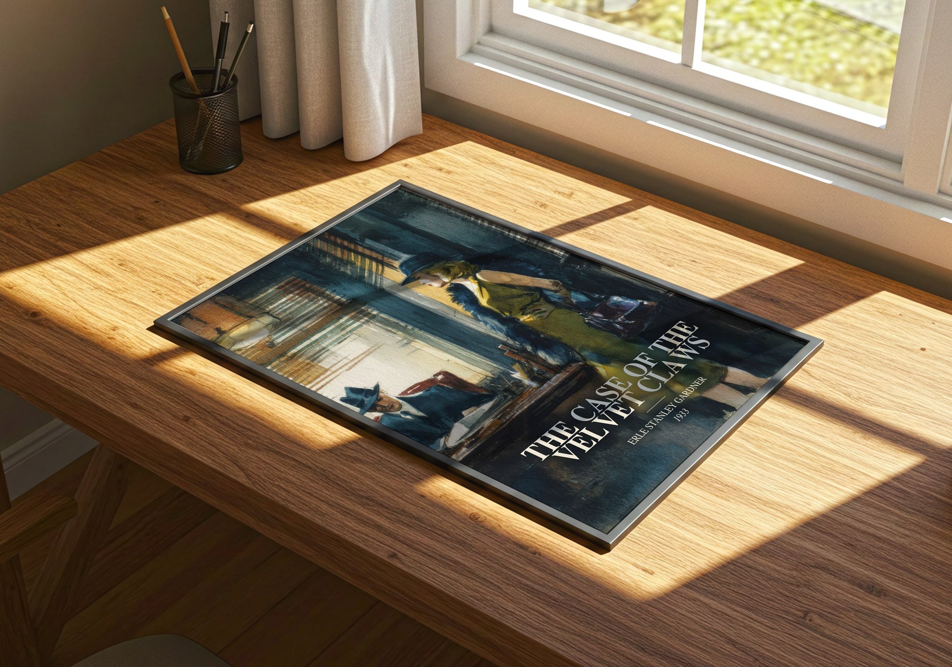 The Case Of The Velvet Claws watercolour book poster framed on wall – mystery wall art