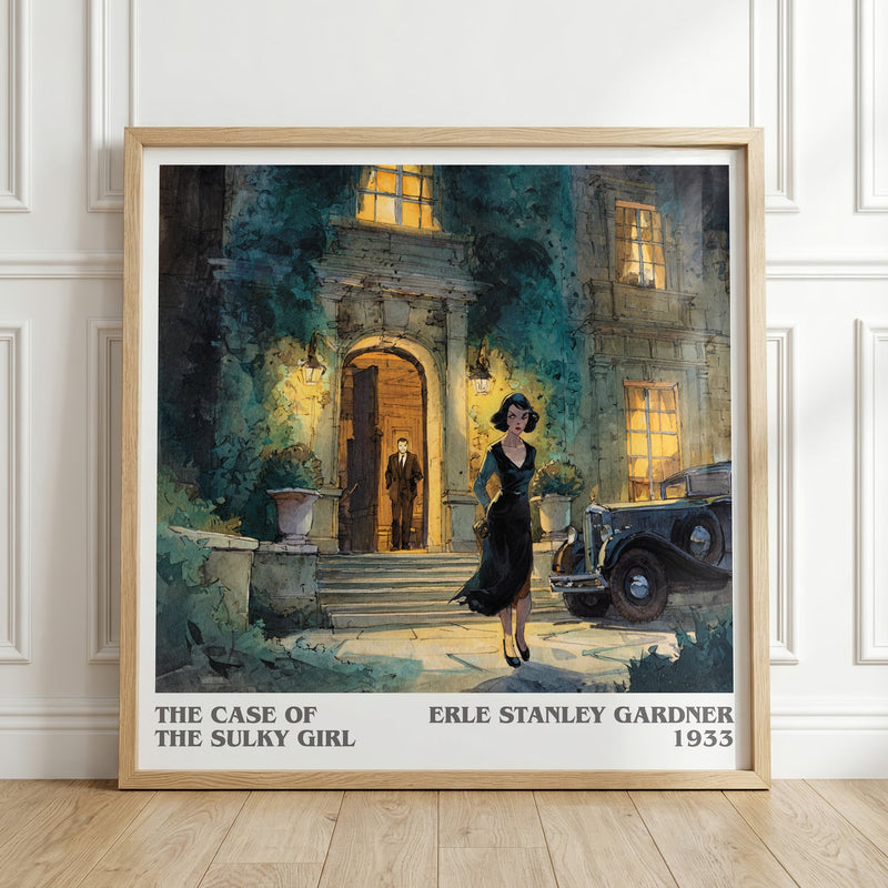 The Case Of The Sulky Girl literary print in frame leaning in hallway – mystery wall art