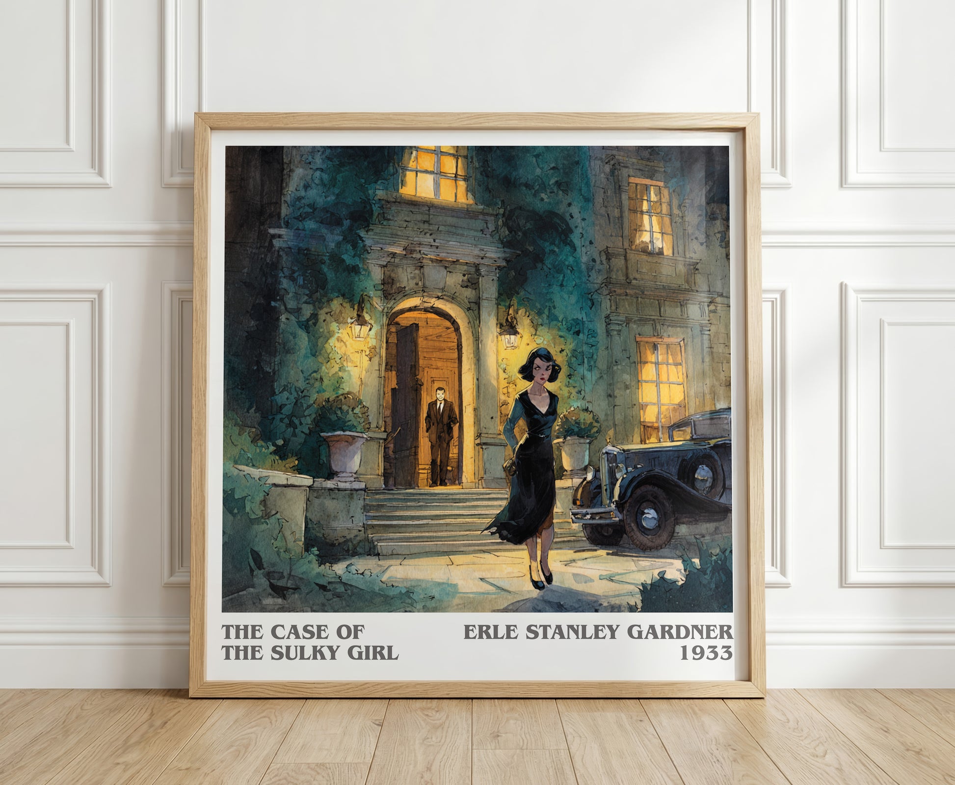 The Case Of The Sulky Girl literary print in frame leaning in hallway – mystery wall art