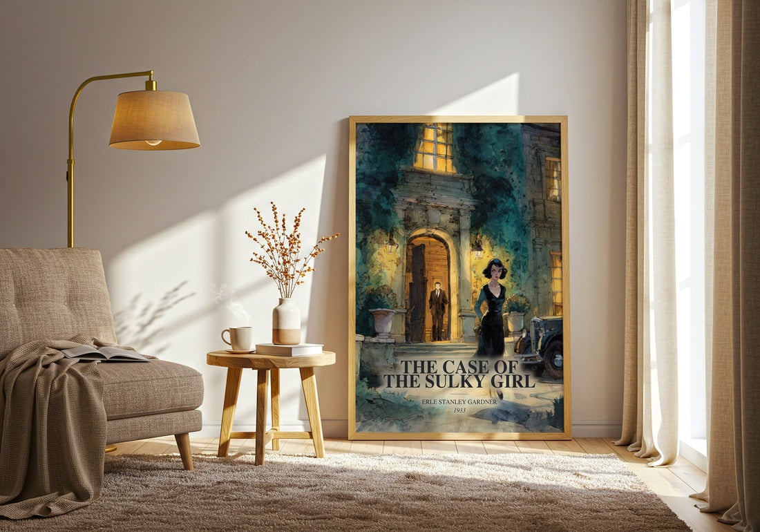 The Case Of The Sulky Girl watercolour print in frame leaning in hallway – mystery wall art (mockup)