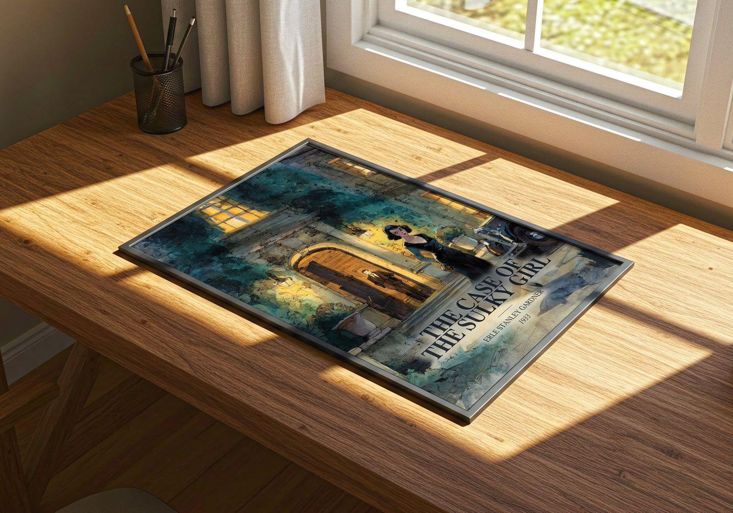 The Case Of The Sulky Girl watercolour book poster framed on wall – mystery wall art