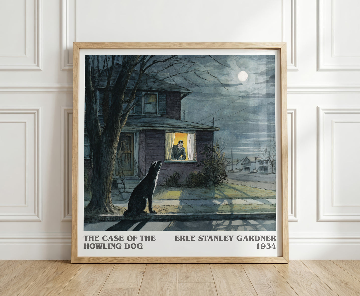 The Case of the Howling Dog literary print in frame leaning in hallway – mystery wall art