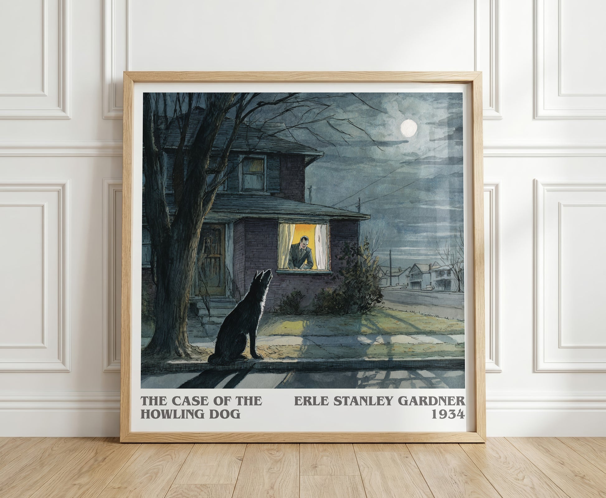 The Case of the Howling Dog literary print in frame leaning in hallway – mystery wall art
