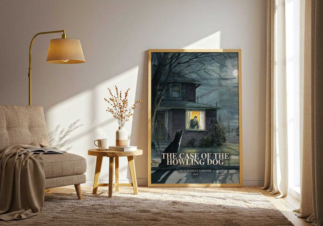 The Case Of The Howling Dog watercolour print in frame leaning in hallway – mystery wall art (mockup)