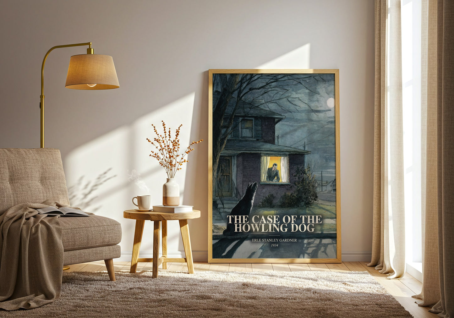 The Case Of The Howling Dog watercolour print in frame leaning in hallway – mystery wall art