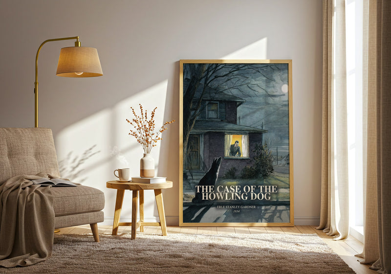 The Case Of The Howling Dog watercolour print in frame leaning in hallway – mystery wall art